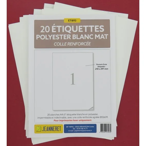 1300 ETIQUETTES POLYESTER BLANC 38X21,2MM SUR PLANCHE A4