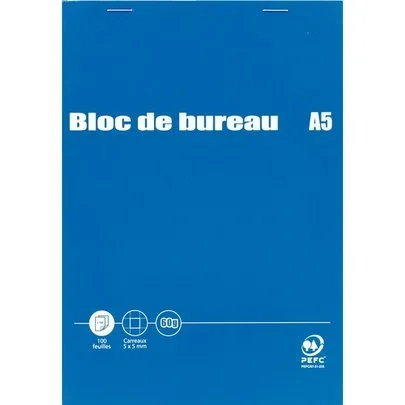 Bloc de bureau 100 feuilles 60g format A5 quadrillé 5×5