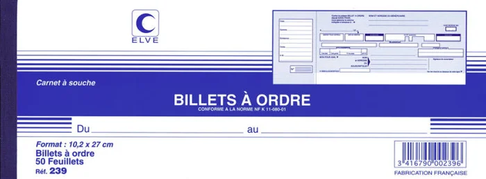 ELVE Carnet à souche ‘Billets à ordre’, 102 x 270 mm