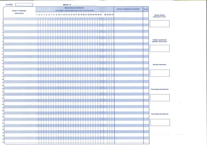ELVE Registre d&rsquo;appel journalier, piqûre 28 pages, 40 élèves
